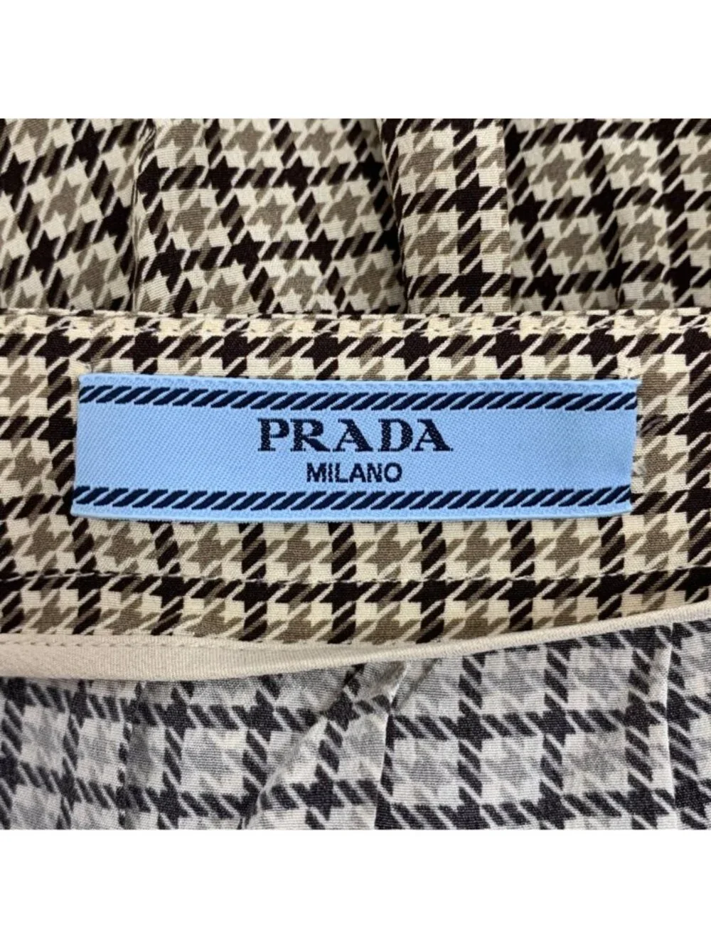 Prada 2023 Brown Houndstooth Silk Pleated A-Line Skirt